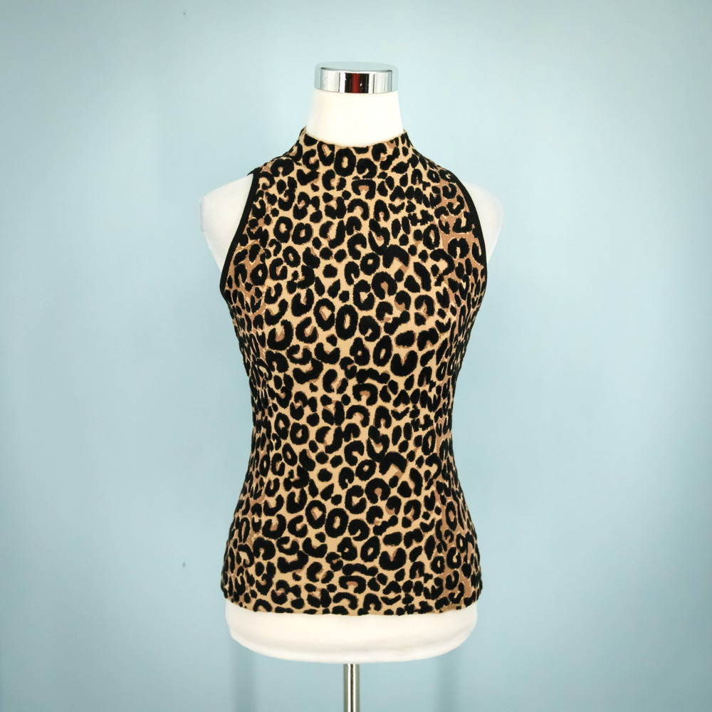 Milly Size Medium M Leopard Animal Print Mock Neck Sleeveless Knit Sweater